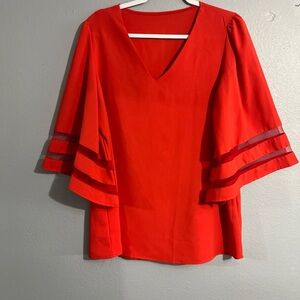 Coral Red Flowy V-Neck Women's Size XL Blouse Top 3/4 Bell Sleeves